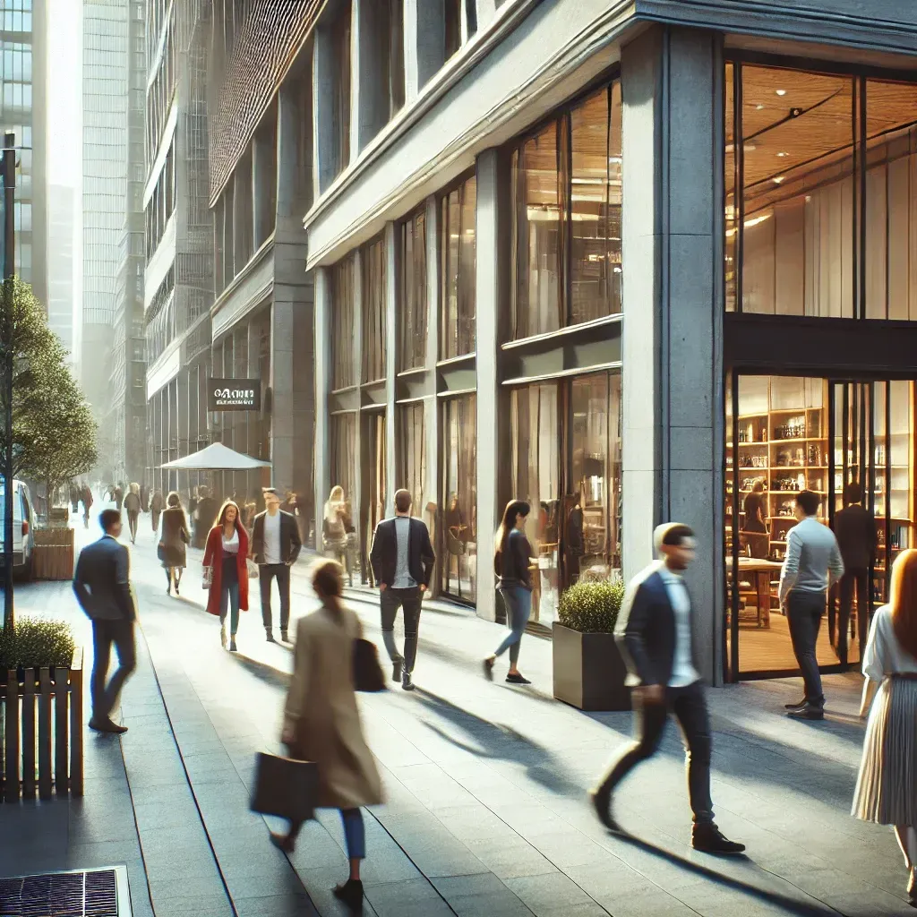 A busy city street where people walk along storefronts, some entering shops while others browse or pass by. The environment features large windows, modern buildings, and soft natural lighting, capturing a typical urban scene of people interacting with businesses.