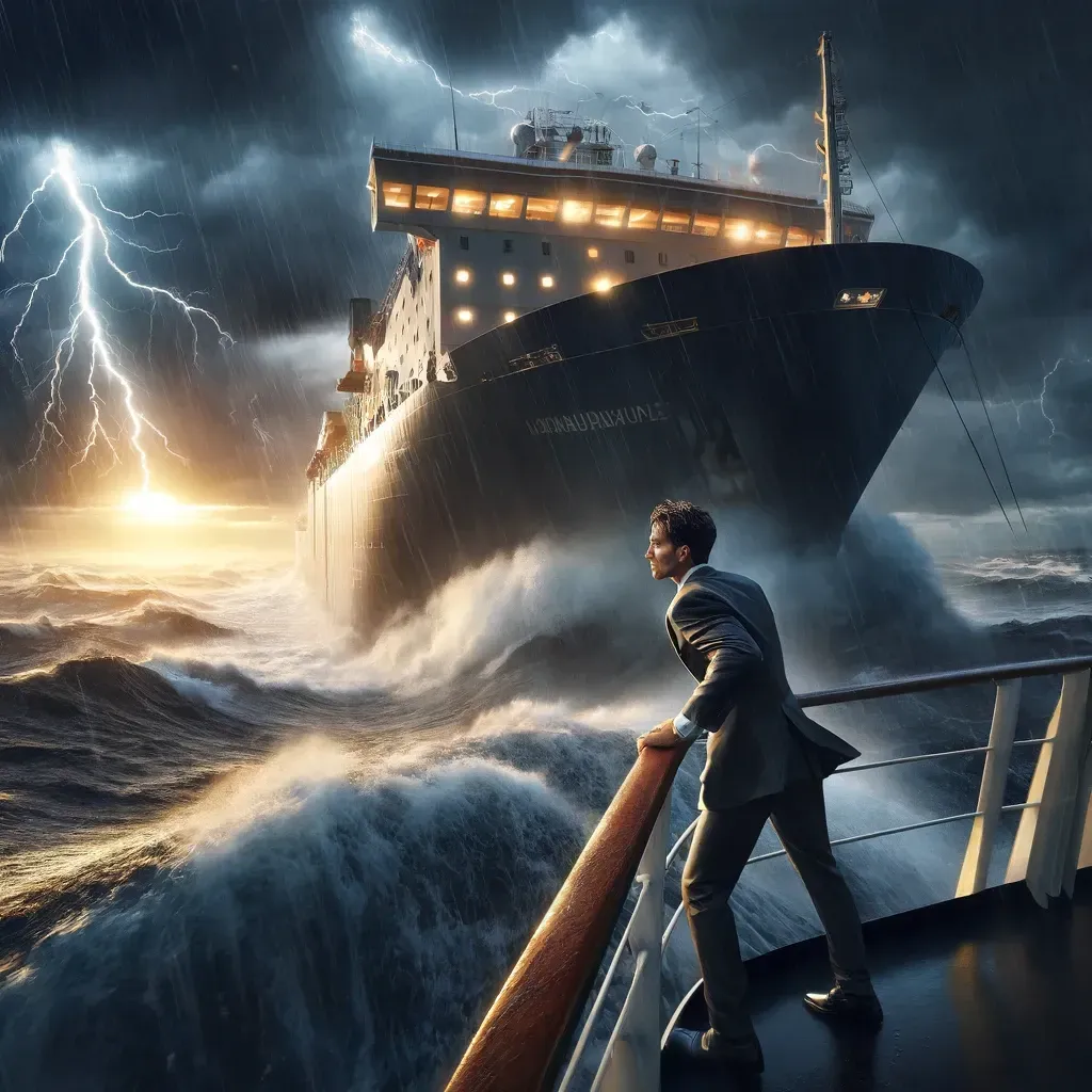 A lone sailor navigating stormy seas, symbolizing resilience through challenges.
