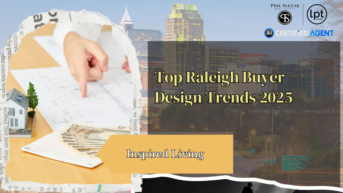 Modern Raleigh living room showcasing 2025 design trends including natural wood, minimalist décor, and soft neutral tones.