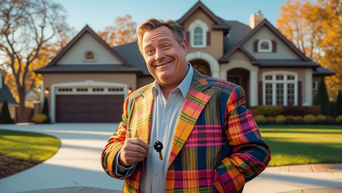 Huckster real estate agent in plaid jacket in front of a house.