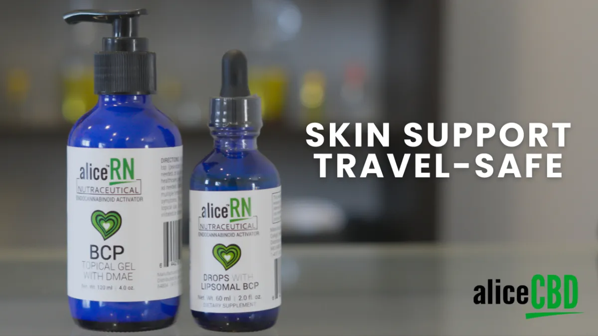 AliceCBD Beta-Caryophyllene (BCP) bottle — hemp-free terpene supplement from hops, cloves, and cinnamon that supports skin, travel, and natural wellness.