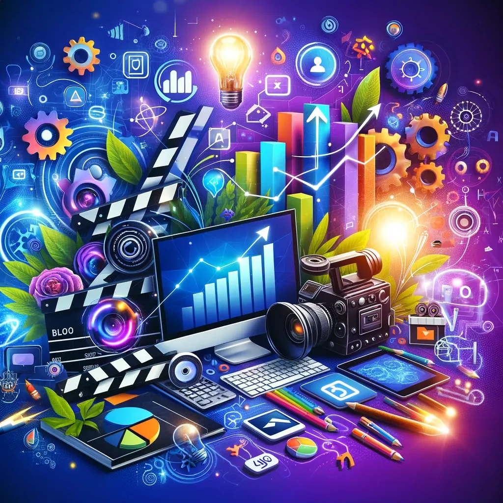"A cover image for a blog on generating inbound leads, featuring a mix of digital marketing and video production symbols. The image includes a computer displaying analytics graphs, a professional video camera, social media icons, and a clapperboard, set against a vibrant background with symbols like upward arrows and a lightbulb, representing growth, successful marketing strategies, and creative ideas in the video production industry.