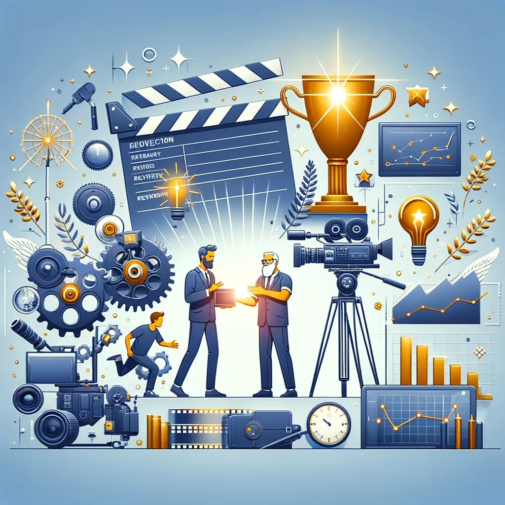 Cover image for the blog post 'Master Filmmaker Review: Elevating Your Video Production Business', featuring a modern film set with high-quality video equipment. The image includes a mentor guiding a filmmaker, symbolizing guidance and expertise. Elements like a trophy and a growth chart are also present, representing success and advancement in the video production field. The overall design conveys innovation, professional development, and the supportive community aspect of the Master Filmmaker program.