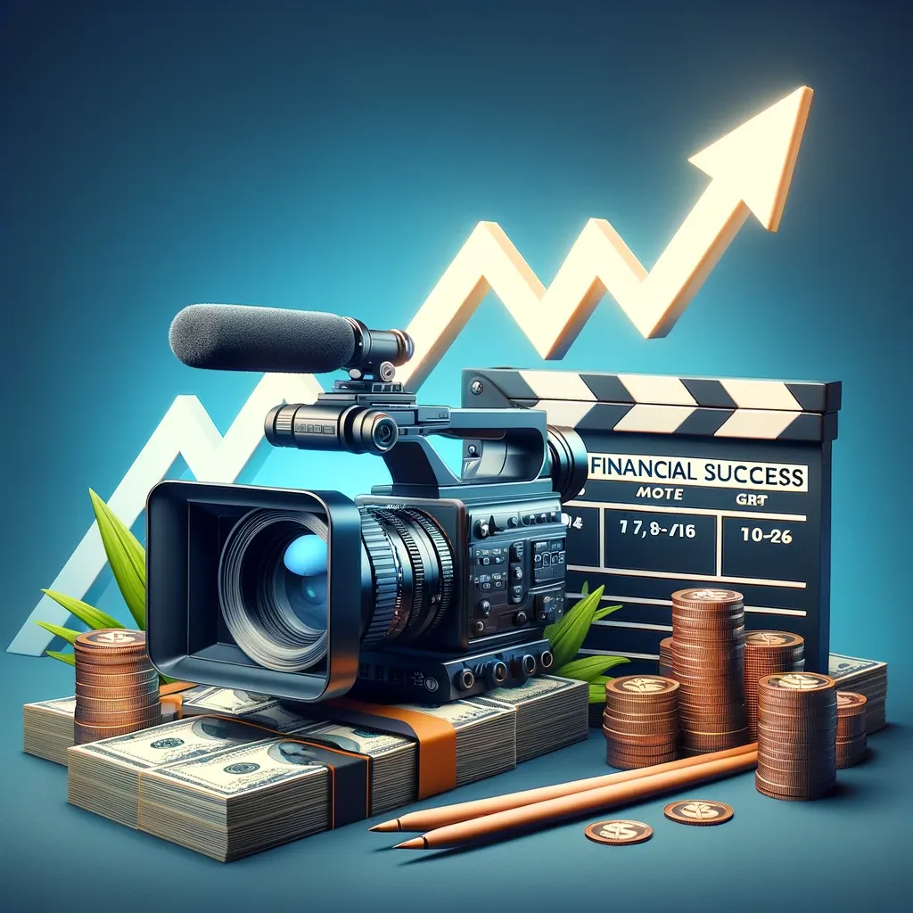 Cover image for the blog post 'Achieving Financial Success: A Guide to Earning 6-7 Figures as a Videographer', depicting symbols of success and financial growth in videography. It features a high-end video camera, a representation of a pile of money or an upward financial growth graph, and a clapperboard. The image portrays a sense of professionalism and ambition, encapsulating the journey of a videographer striving for financial success in their career.