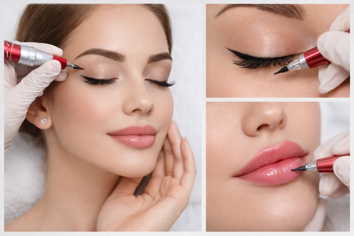 Permanent makeup procedure showing eyebrow, eyeliner, and lip blush pigment application by a technician.