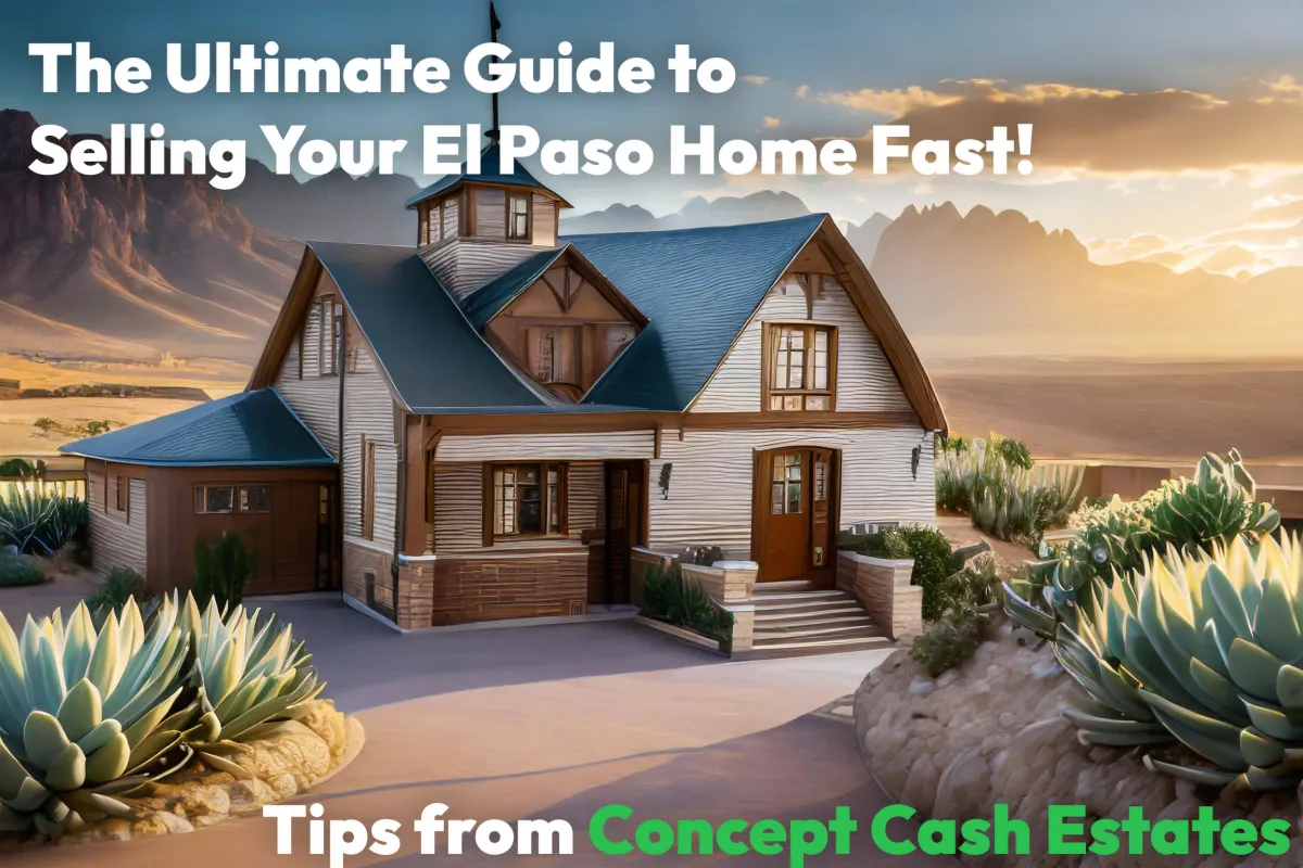 Eye-catching image featuring a vibrant yellow house against a sunset sky with a signboard reading 'Tips from Concept Cash Estates' for 'The Ultimate Guide to Selling Your El Paso Home Fast' blog post.