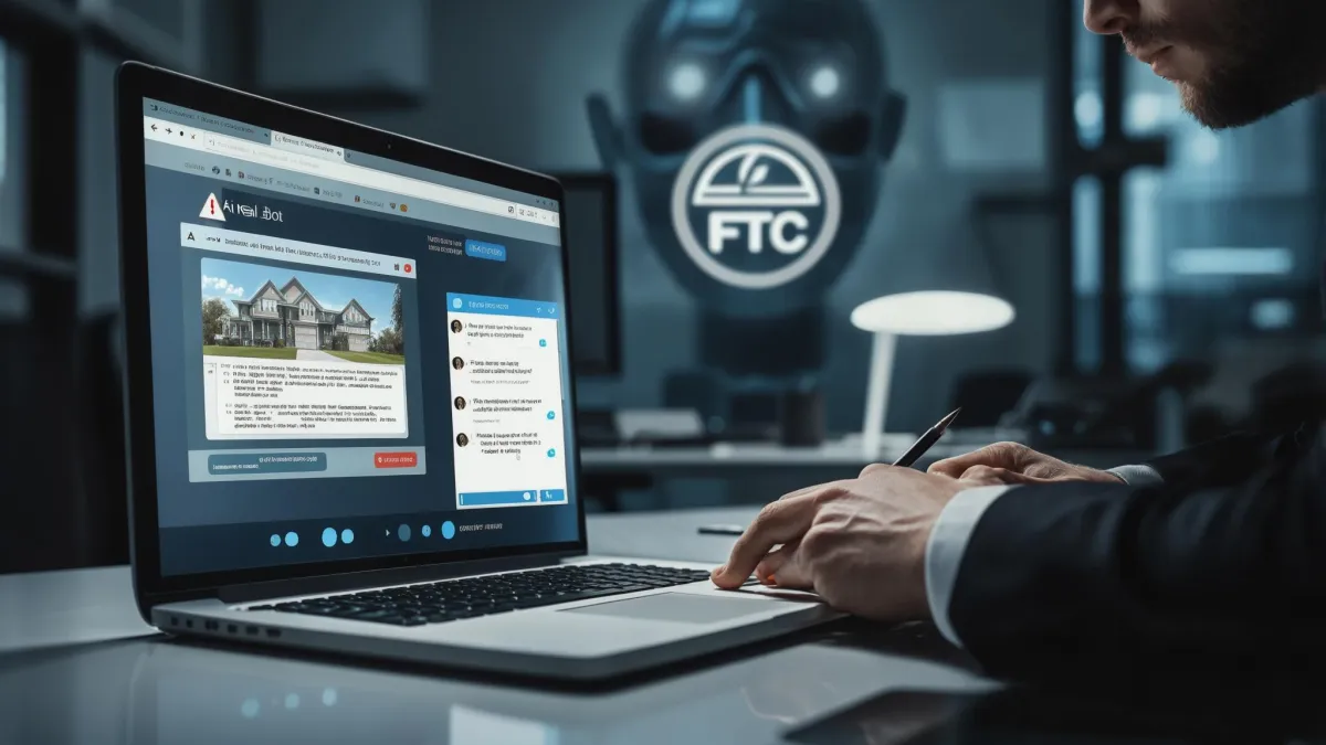 Realtor reviewing website AI chatbot with FTC compliance warnings about misinformation and consumer risks in 2025.