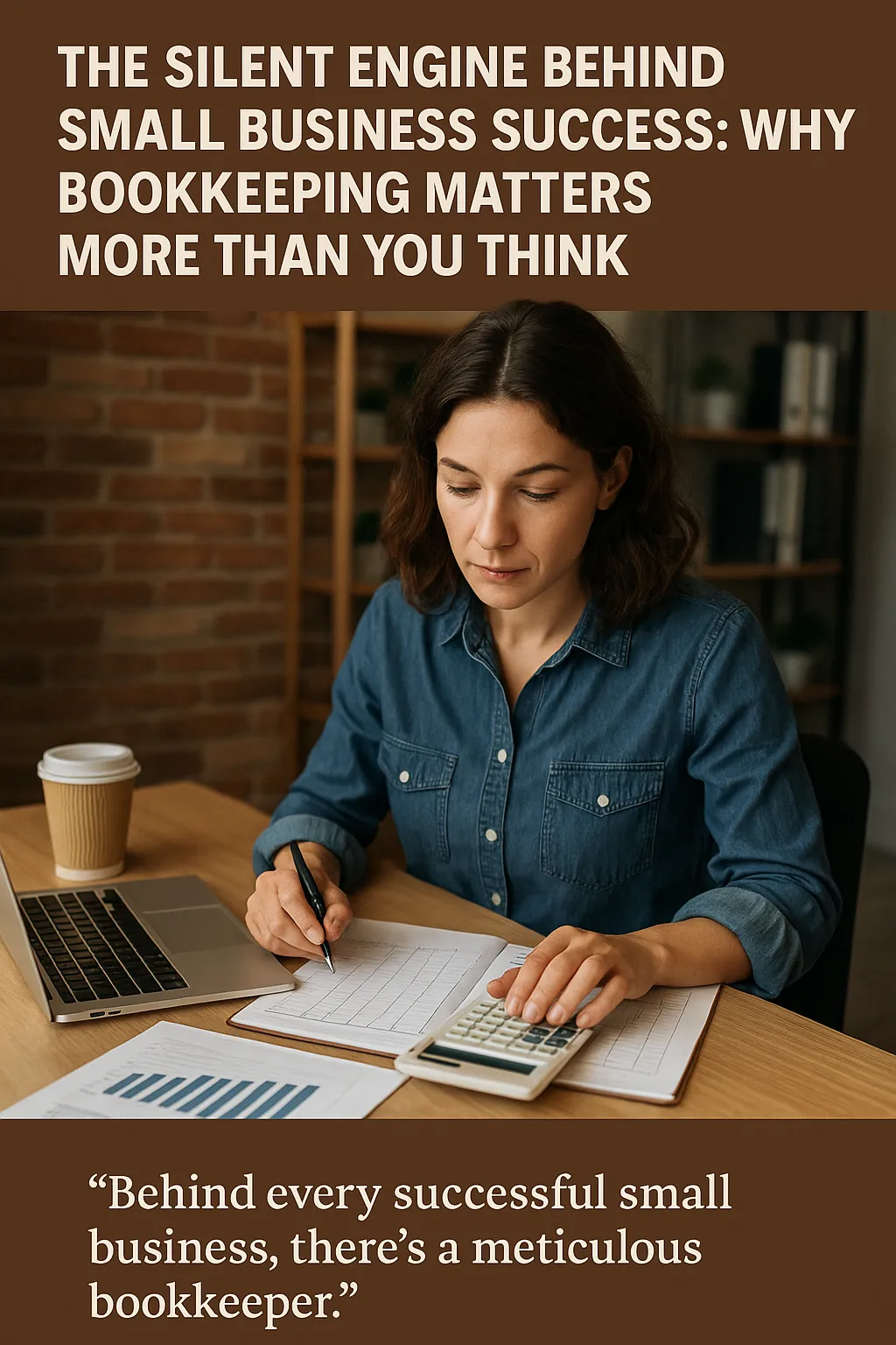 A person is engaged in bookkeeping tasks at a desk, writing in a ledger while using a laptop and calculator. A coffee cup sits nearby, adding a touch of everyday work ambiance. The text on the image emphasizes the crucial role of bookkeeping in small business success, stating: "The Silent Engine Behind Small Business Success: Why Bookkeeping Matters More Than You Think" and "Behind every successful small business, there's a meticulous bookkeeper." This scene effectively highlights financial management, organization, and the importance of keeping accurate records for business growth.