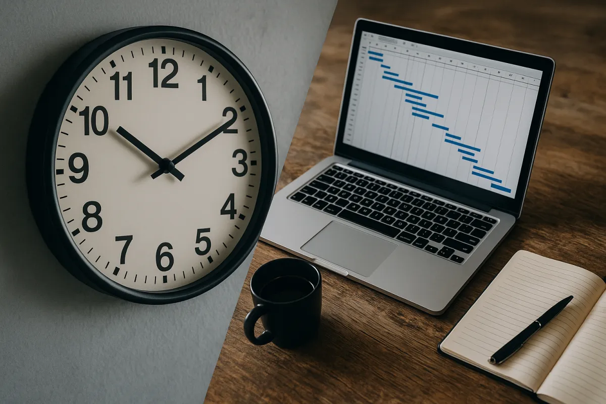 A tidy wooden desk setup featuring a laptop displaying a Gantt chart, a black coffee mug, an open notebook with a pen, and a wall clock showing 10:10, evoking a focused and organized work environment.