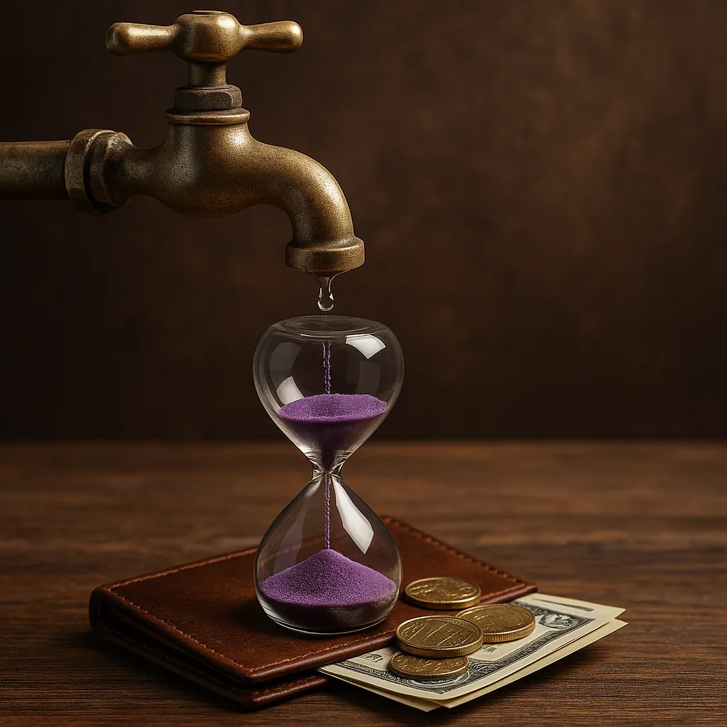 Close-up of a brass faucet dripping water into a clear hourglass with purple sand, resting on a brown leather wallet beside gold coins and dollar bills on a wooden surface, symbolizing slow financial loss over time.