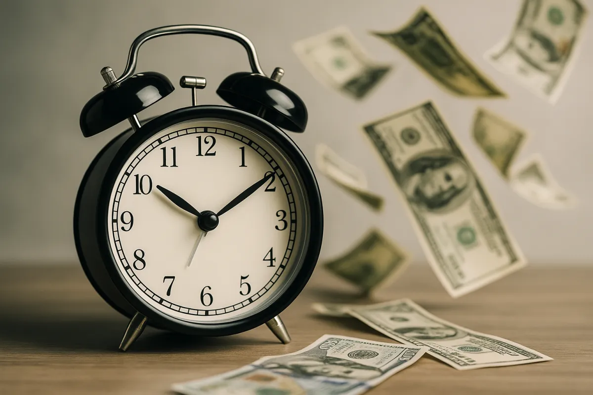 A classic black twin-bell alarm clock sits on a wooden surface with U.S. dollar bills floating away in the background, symbolizing procrastination draining money over time.