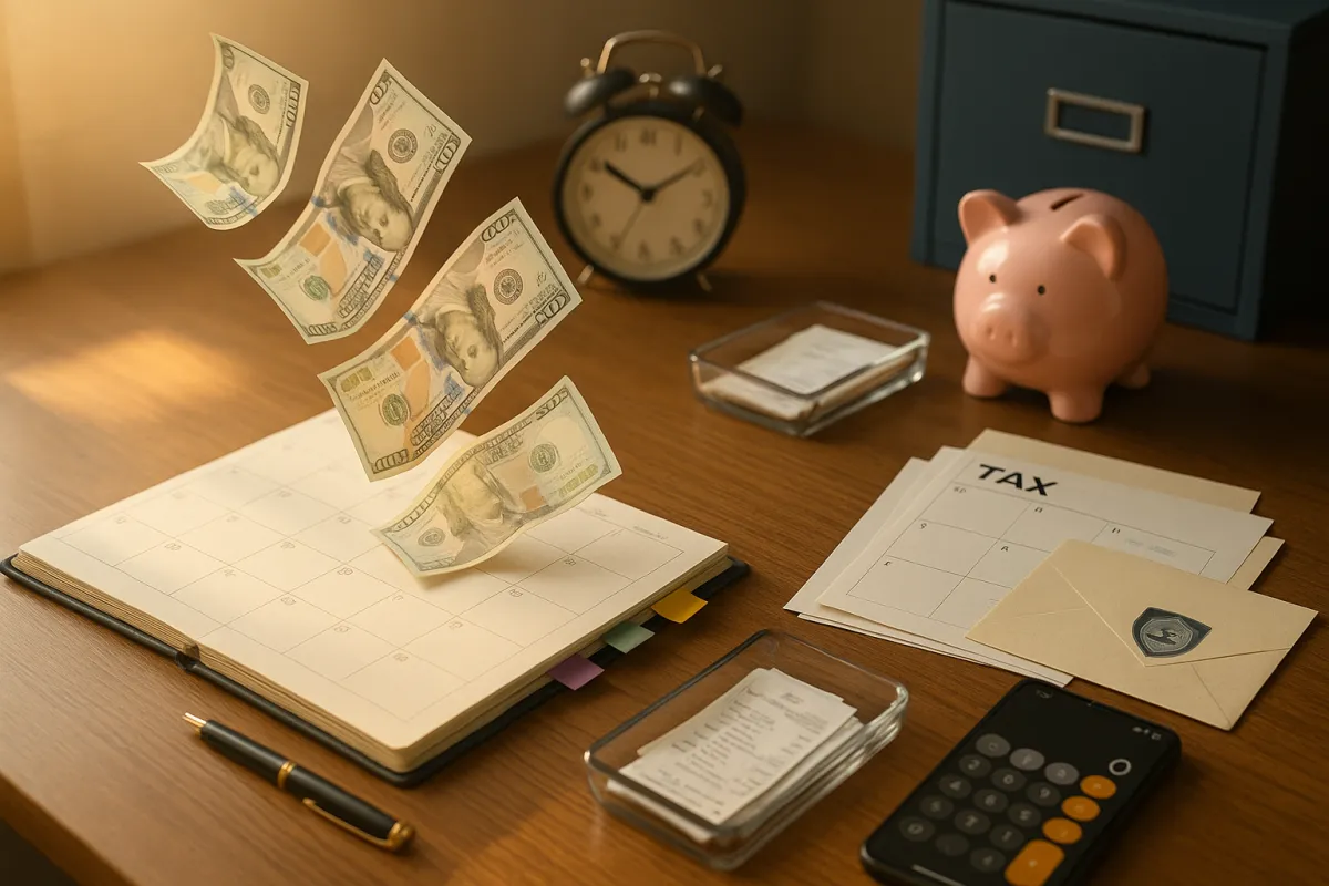 Photorealistic sunrise desk scene showing an open calendar, floating money above the pages, tidy tax documents, a piggy bank, clock, calculator, and trays of neatly filed receipts—symbolizing early tax preparation, cash-flow clarity, fraud protection, and stress-free filing.