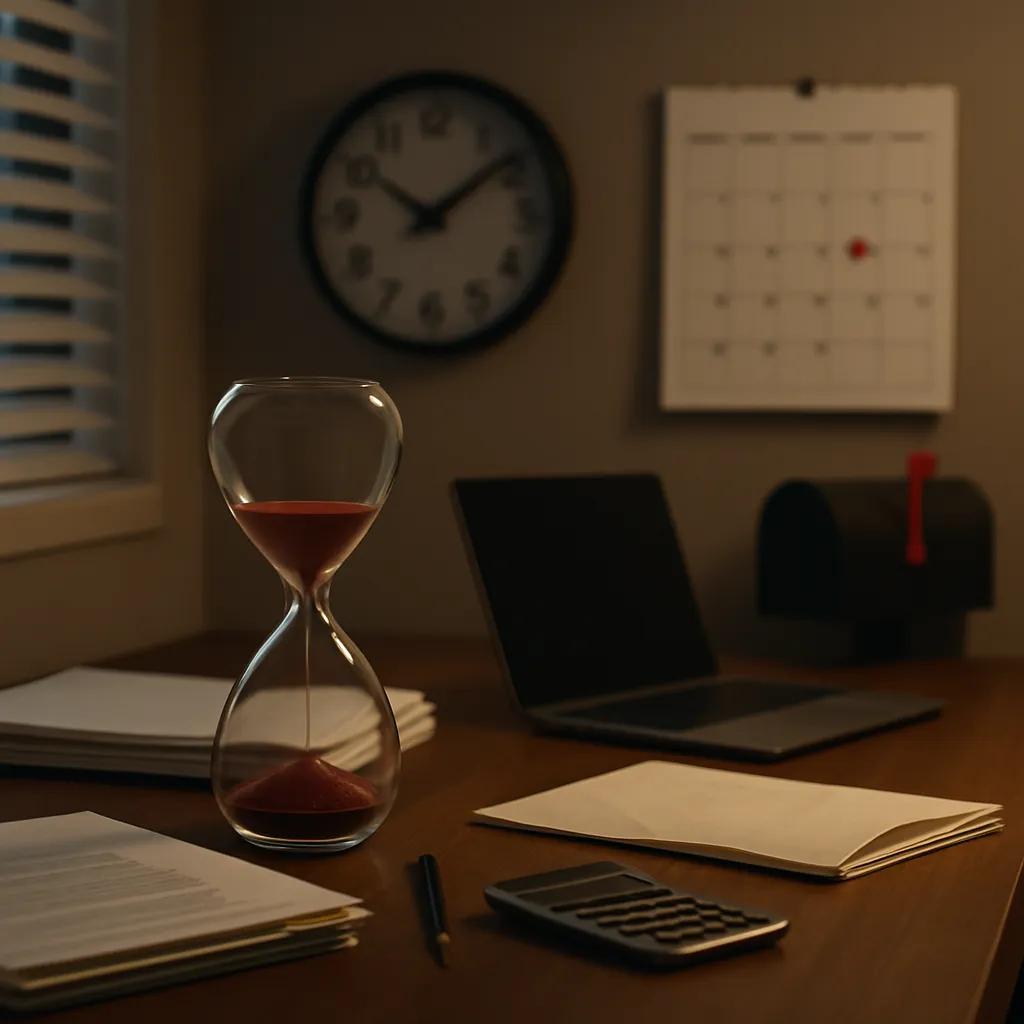 Realistic night-time home office with an hourglass of red sand nearly empty on a wooden desk, beside paperwork, calculator, and laptop; blurred wall clock and minimalist calendar in the background—visual metaphor for October 15 tax extension deadline urgency to file a federal return.
