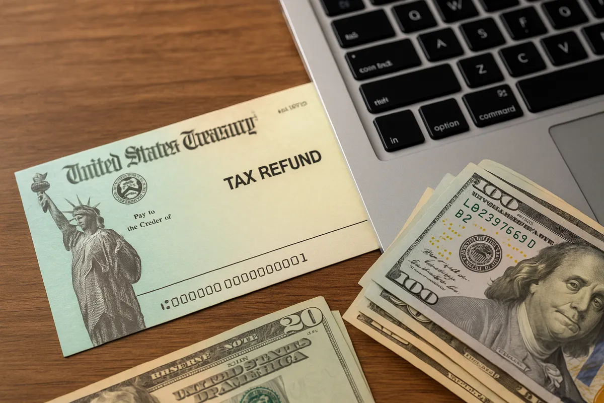 A U.S. Treasury tax refund check placed next to a laptop keyboard and a stack of dollar bills on a wooden desk, symbolizing the transition from paper refunds to faster electronic deposits.