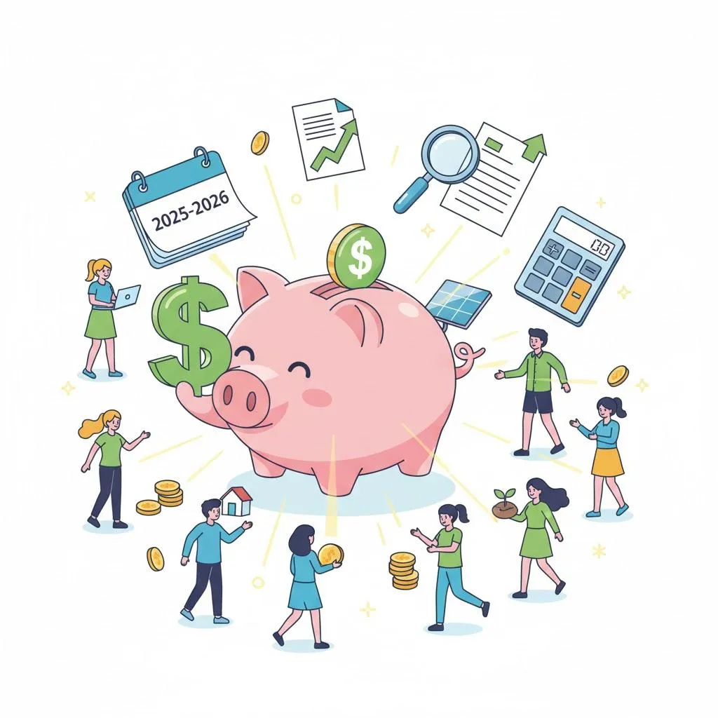 A simple, clean cartoon image with a white background showing a 2025 calendar page turning towards 2026, with a green arrow pointing from the calendar to a growing piggy bank, symbolizing financial planning for future tax changes.