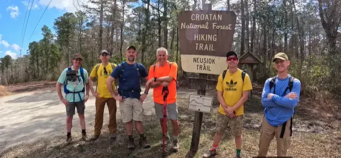 Group of men at a trail sign