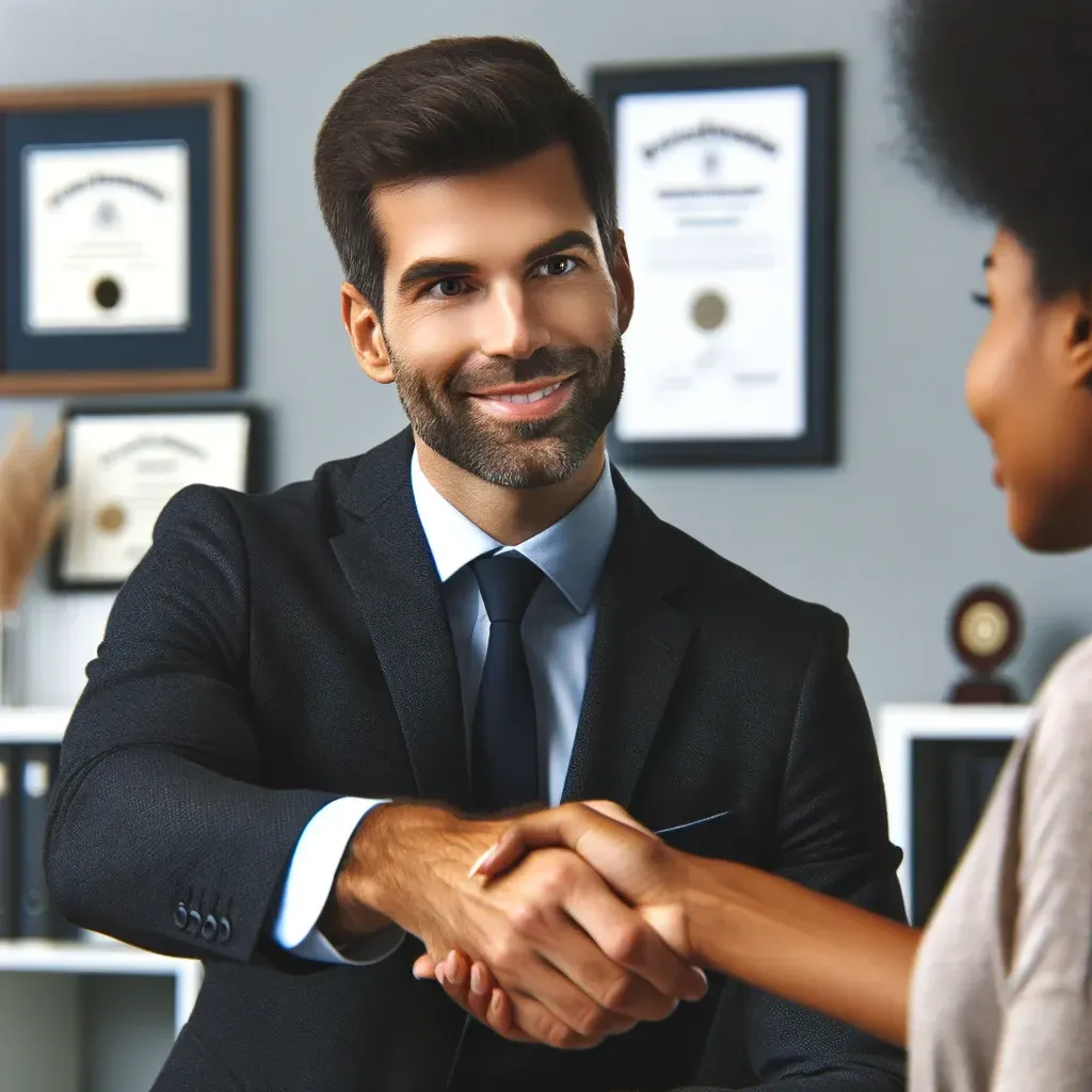 This image portrays a life insurance agent shaking hands with a client, symbolizing trust and commitment in a professional setting.