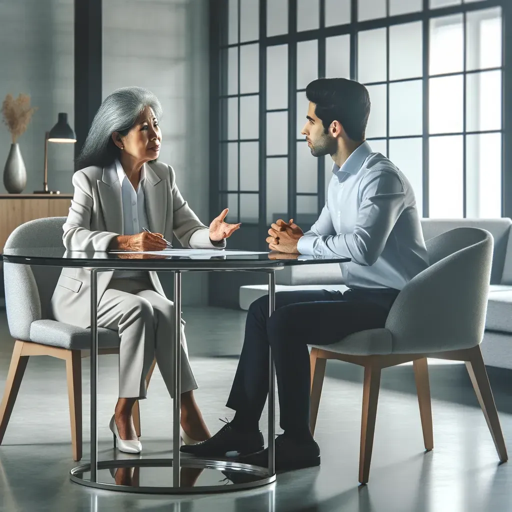 This image is depicting a life insurance agent of Middle Eastern descent in a transparent and open discussion with a senior East Asian female client in a contemporary office setting. The design of the office emphasizes transparency and integrity.