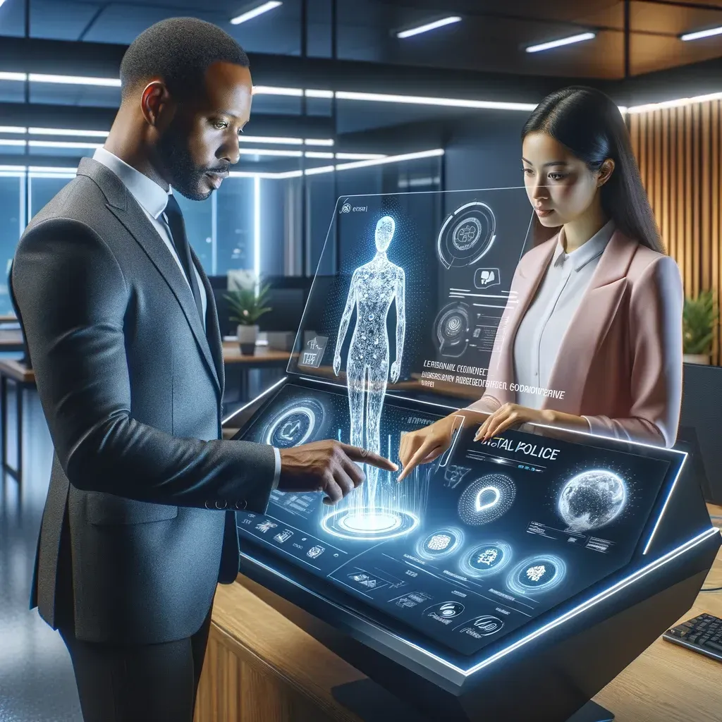 An image showing a futuristic insurance office where a professional agent discusses digital policy options with a client using a large interactive display. The setting highlights the integration of technology in life insurance services.