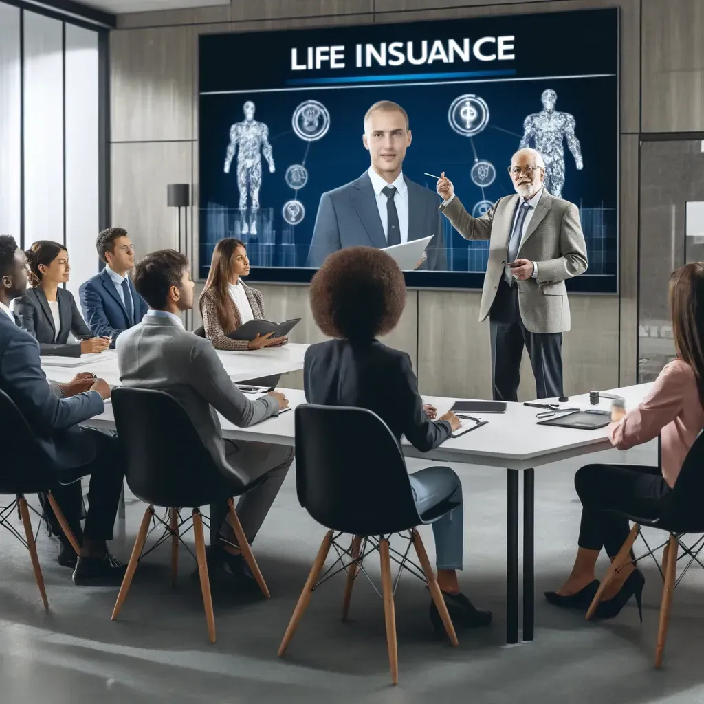 An image depicting a life insurance training session in a modern conference room. This scene features a diverse group of young agents being instructed by an elderly Caucasian male, highlighting the focus on continuous education and knowledge sharing in the industry.