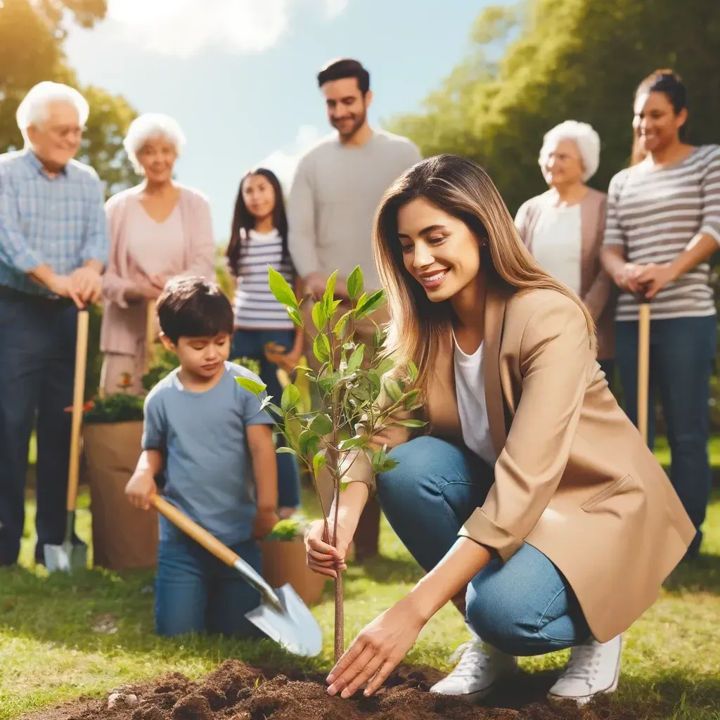 The image has been generated, showcasing a life insurance agent volunteering in a community garden, which highlights the agency's commitment to social responsibility and environmental sustainability. The setting includes a diverse group of community members actively participating in tree planting.