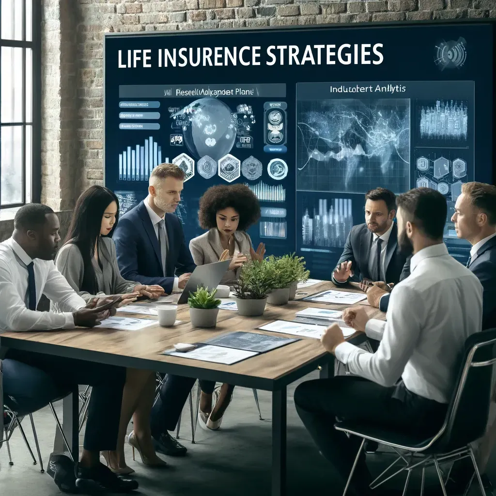 The image has been generated, depicting a life insurance office team meeting focused on resilience strategies. The scene shows a diverse group of professionals collaborating around a table with digital displays of crisis management plans and market analytics, highlighting strategic preparation and teamwork essential for navigating industry challenges.