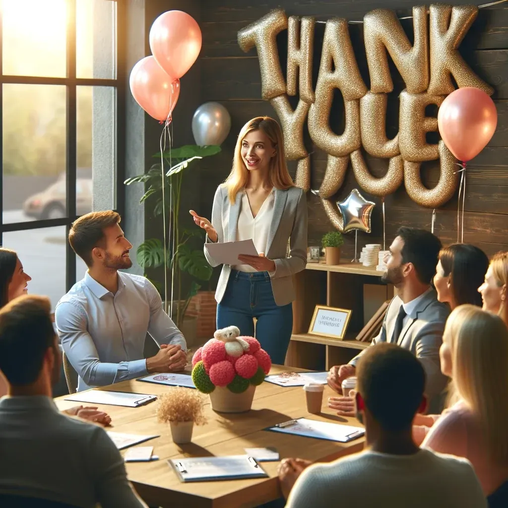 The image has been generated, depicting a warmly decorated life insurance agency where an agent is hosting a client appreciation event. The scene features a Caucasian female agent giving a thank-you speech to a group of diverse clients, with festive decorations including balloons and a 'Thank You' banner, highlighting the agency’s commitment to client loyalty.