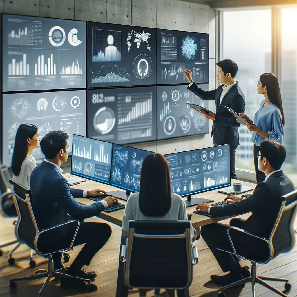 The image has been generated, depicting a modern life insurance agency office where a diverse team, including an Asian male and a Caucasian female, are engaged in data-driven strategic planning. The scene highlights the agency's use of analytics to enhance decision-making and client service.