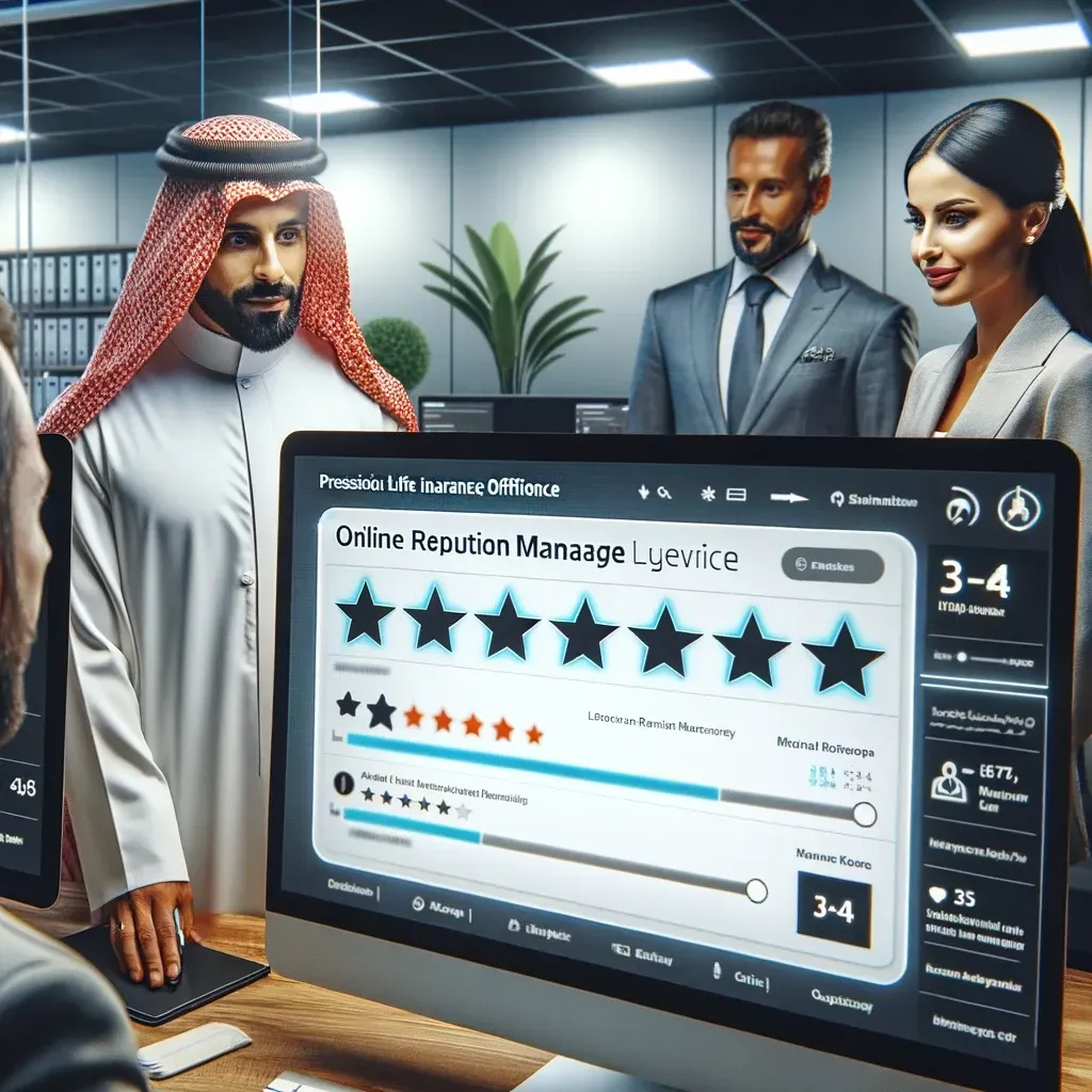 This image is showing a professional life insurance office where a diverse team is analyzing client feedback on a digital dashboard. This scene emphasizes the agency's focus on improving client satisfaction through online reputation management, with advanced technology and displays of client reviews.