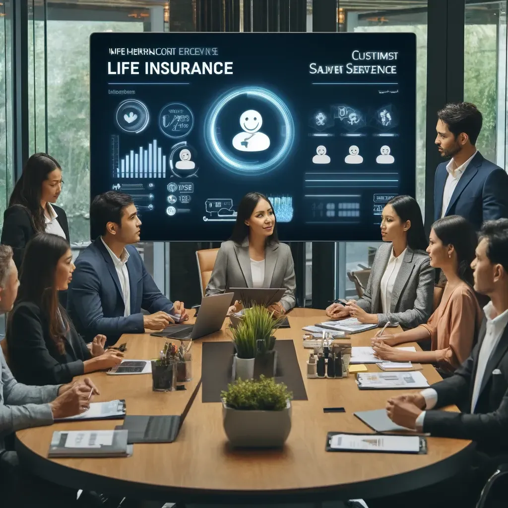 An image depicting a modern life insurance agency showcasing a team meeting focused on enhancing customer service. 