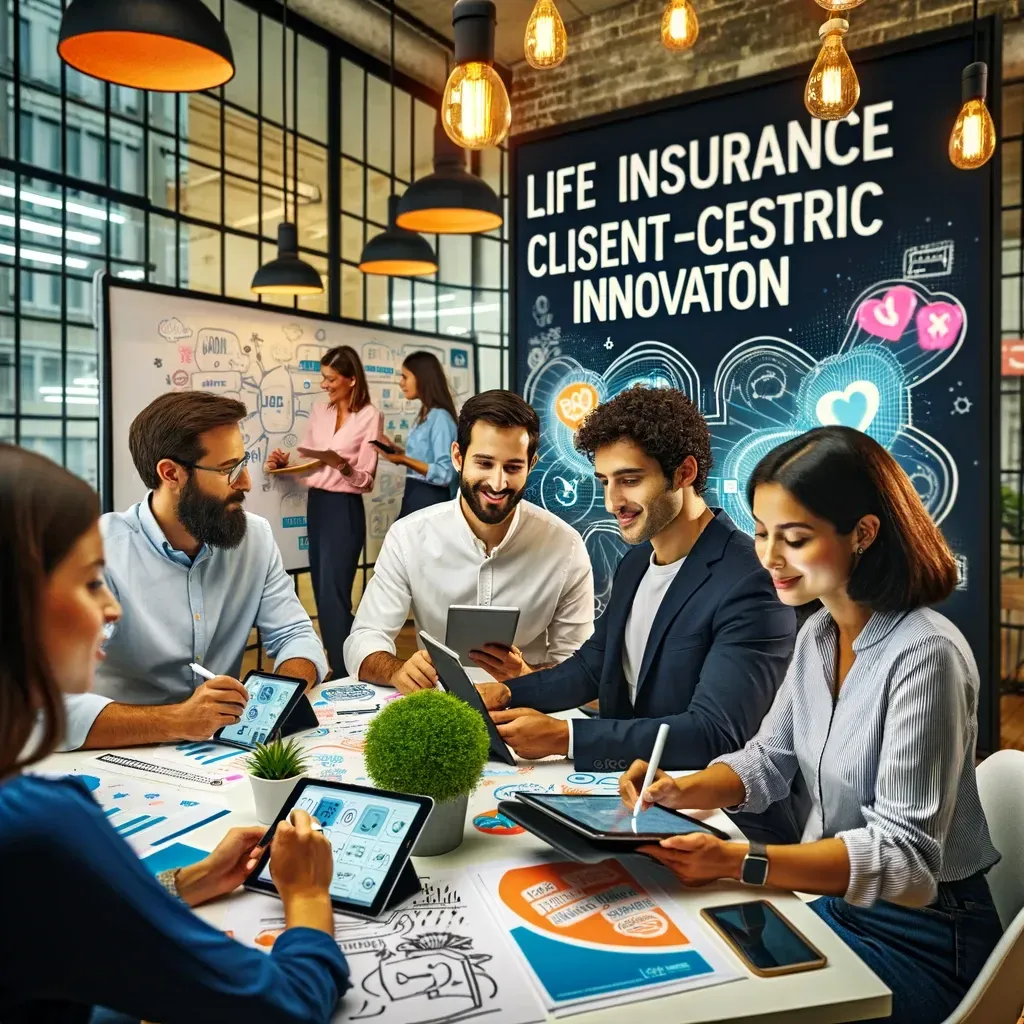 This image is showcasing a vibrant life insurance office where a team engages in a creative workshop focused on client-centric innovation. 