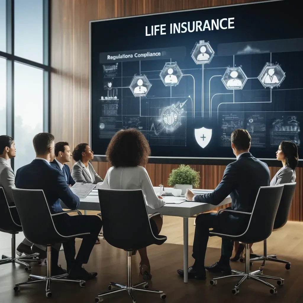 This image is showing a life insurance team in a sleek corporate conference room discussing regulatory compliance strategies. 