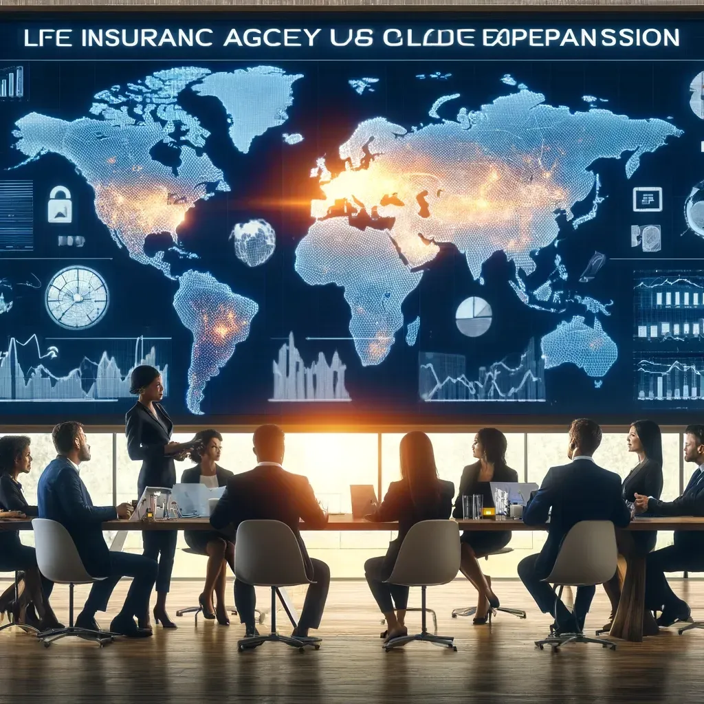 An image showcasing a modern life insurance agency conference room where a strategic global expansion meeting is taking place. 