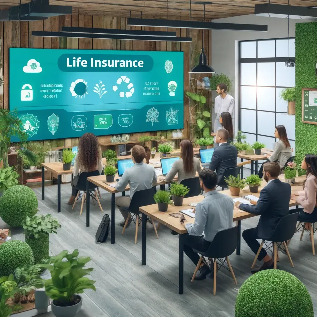 The image showing an eco-friendly life insurance office where employees are participating in a sustainability training session. 