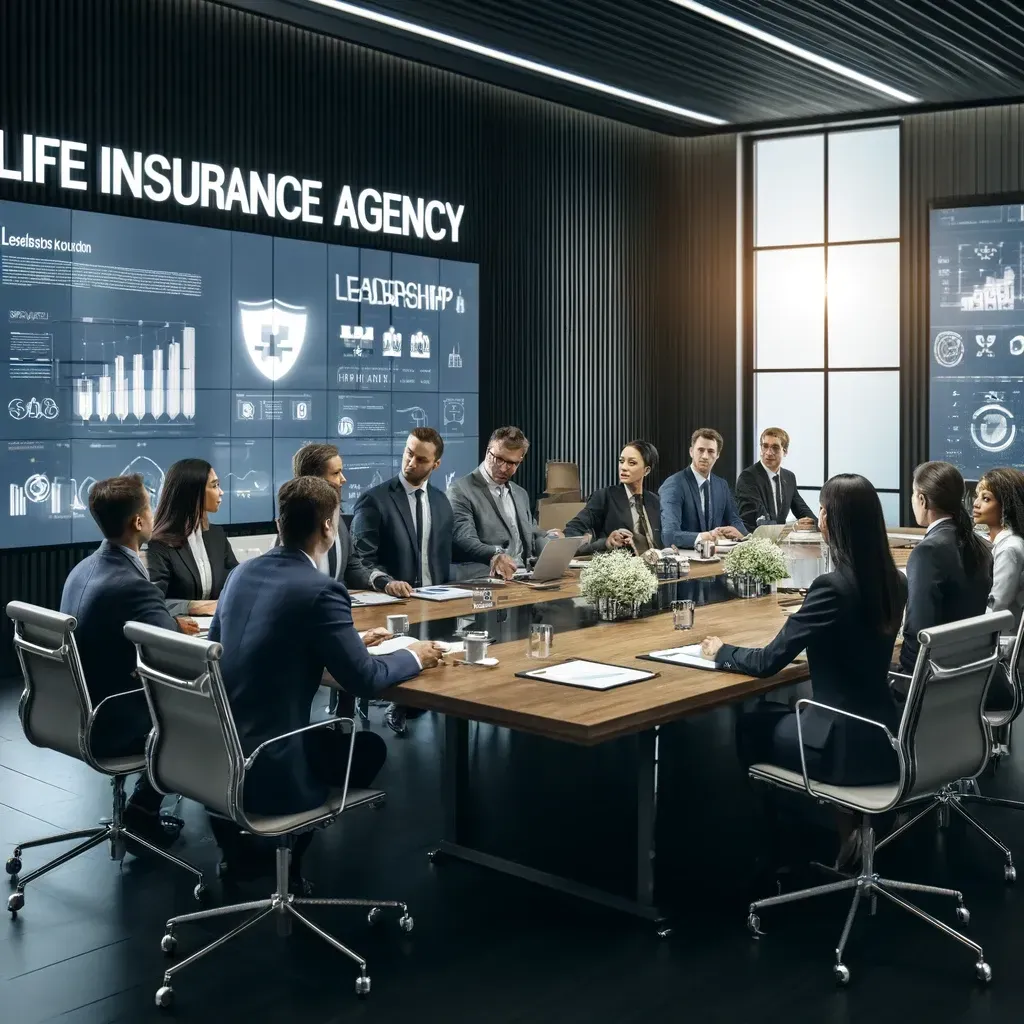 The scene depicts a modern life insurance agency boardroom during a strategic meeting, focusing on leadership and innovation.