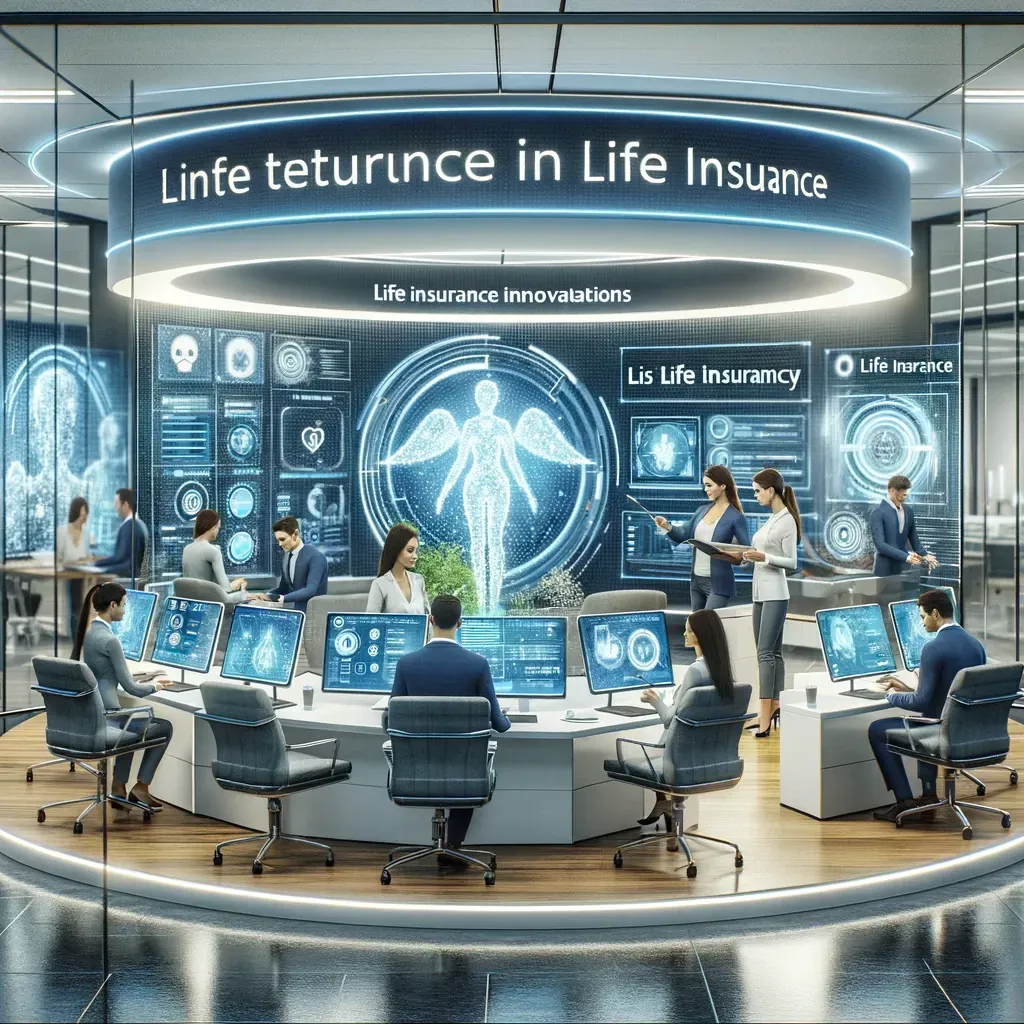 This scene captures the dynamic nature of insurtech innovations in the life insurance industry, with a clean, sleek design that emphasizes efficiency and digital integration.