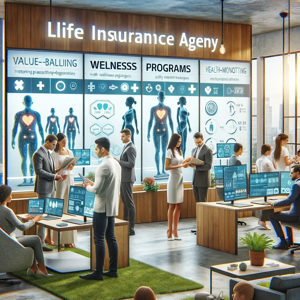 This scene depicts agents consulting with clients on wellness programs and health-monitoring technologies in a modern, eco-friendly office environment.