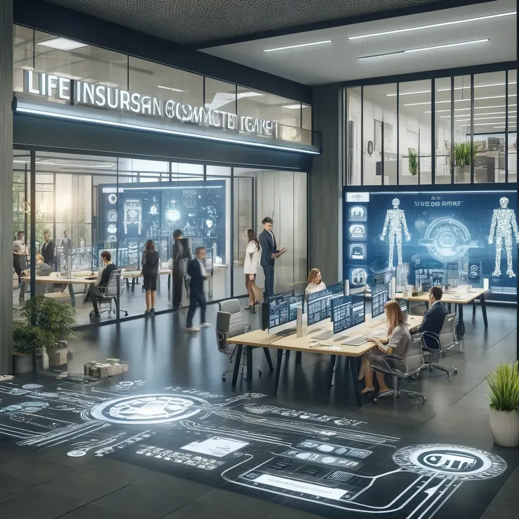 A modern life insurance office focused on innovative client communication strategies, featuring a high-tech environment with digital displays, interactive terminals, and a welcoming atmosphere. 