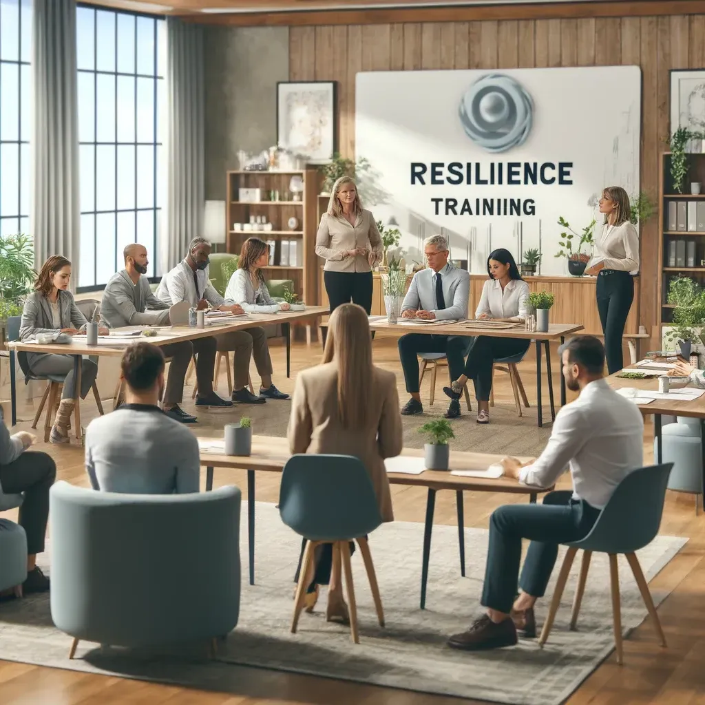 An image showing a modern life insurance office engaging in a resilience training program. This scene illustrates a diverse group of employees participating in activities designed to foster well-being and adaptability.