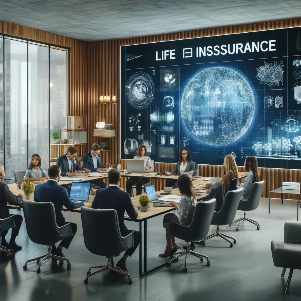 The setting includes a large digital display showing data analytics, comfortable seating, and a collaborative atmosphere, embodying the concept of strategic partnerships and innovation in the life insurance industry. 