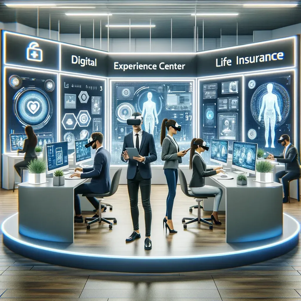 The image showcases a modern office setting equipped with advanced technologies like AI and VR, designed to enhance customer service in the insurance sector.