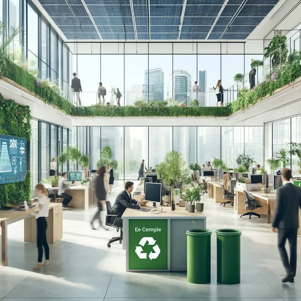 A modern life insurance office focused on sustainability, showing features like green plants extensively integrated into the workspace, solar panels visible through large windows, and employees engaging in eco-friendly activities.