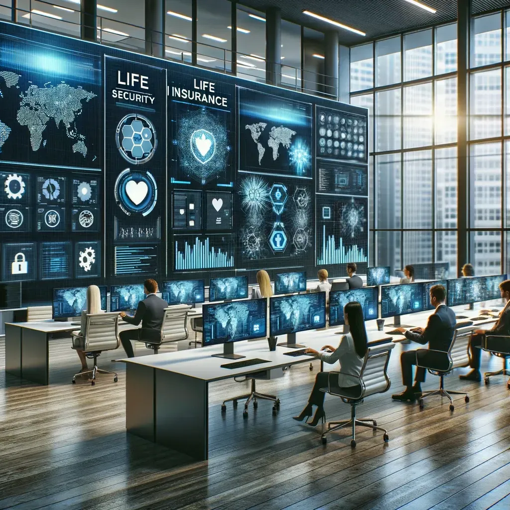 An image depicting a contemporary life insurance agency office equipped with high-tech cybersecurity measures. This setting emphasizes a professional atmosphere focused on digital safety, showcasing diverse employees engaged in security tasks.