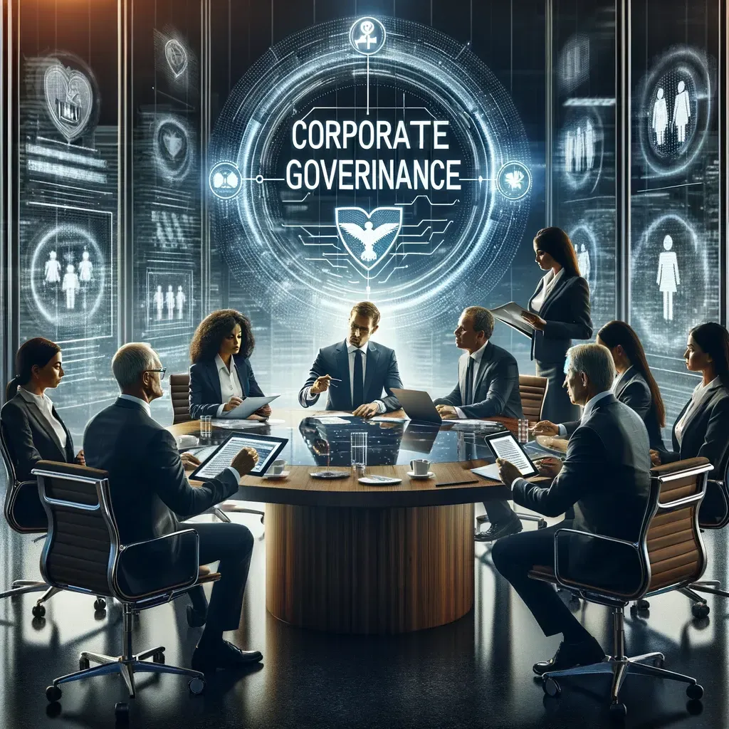 An image depicting a modern corporate life insurance office where a diverse group of executives are engaged in a strategic meeting about corporate governance.