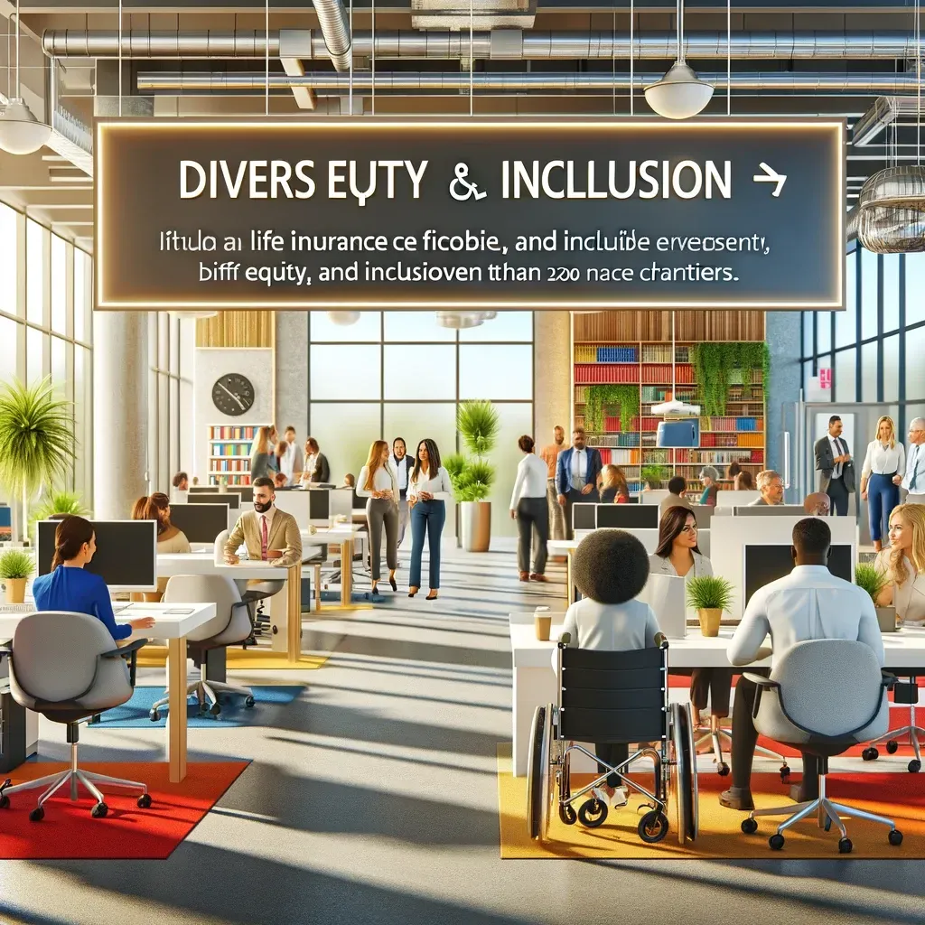 A modern office setting of a life insurance agency focused on diversity, equity, and inclusion. 