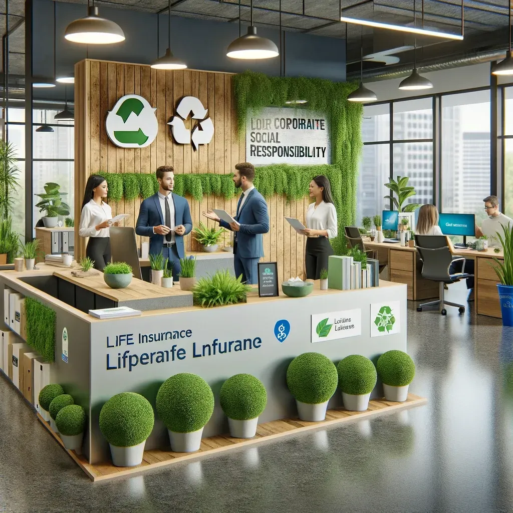 The setting reflects a modern corporate life insurance office designed with CSR initiatives in mind.