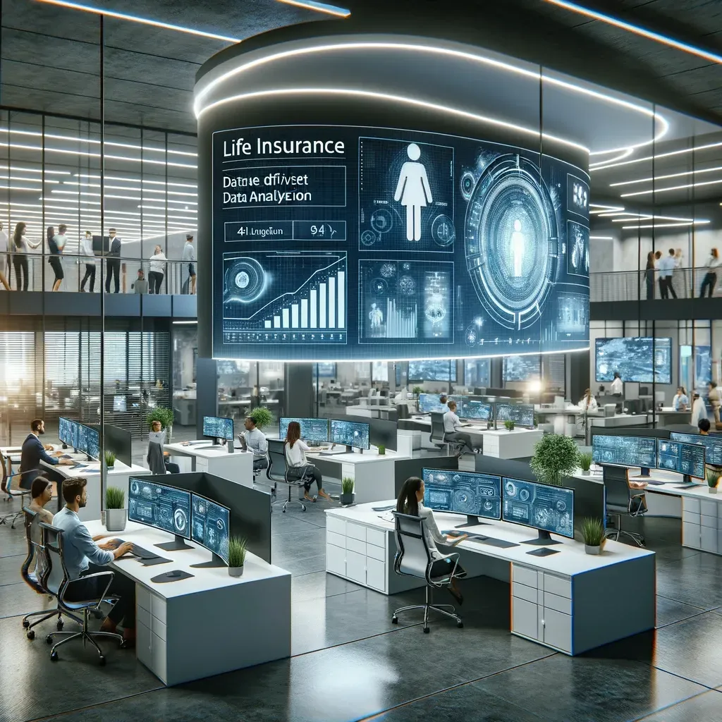 The image focuses on technology and innovation, reflecting a cutting-edge approach to life insurance through the use of big data. Include desks with computers, data charts, and a collaborative environment.