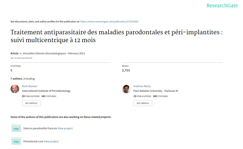 Traitement Antiparasitaire Des Maladies Parodontales Et Péri-implantites. Suivi Multicentrique a 12 Mois