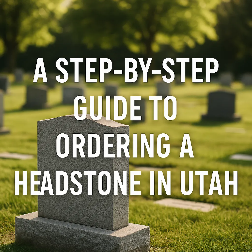 Serene cemetery scene at sunset with multiple granite headstones on green grass, featuring white overlaid text that reads 'A Step-by-Step Guide to Ordering a Headstone in Utah' – ideal visual for a memorial services or monument company blog post.