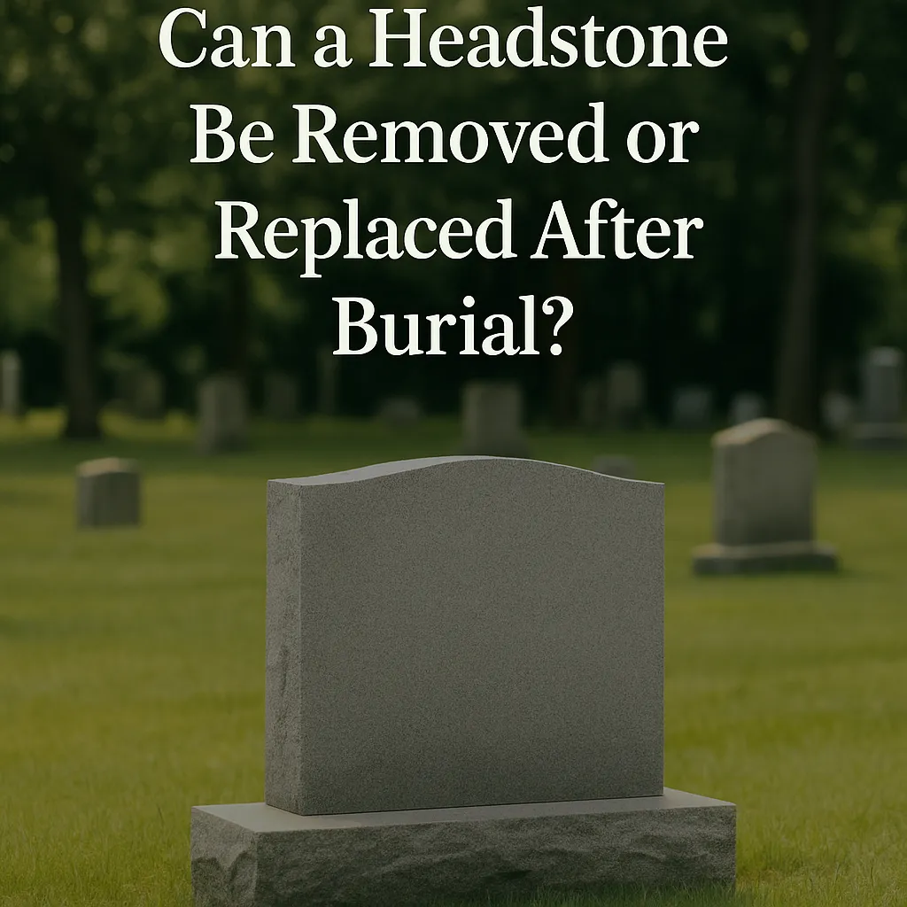 Cover image of a cemetery with a gray granite headstone in the foreground and overlaid white text that reads, 'Can a Headstone Be Removed or Replaced After Burial?